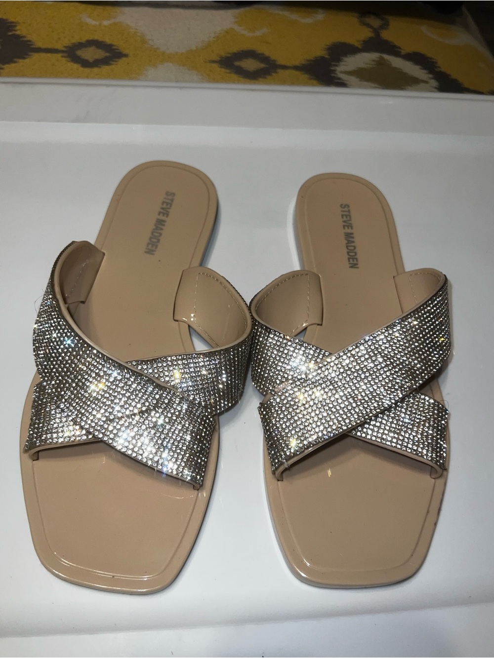 Steve Madden Nude/Tan Crystal Cross-Strap Slide Sandals